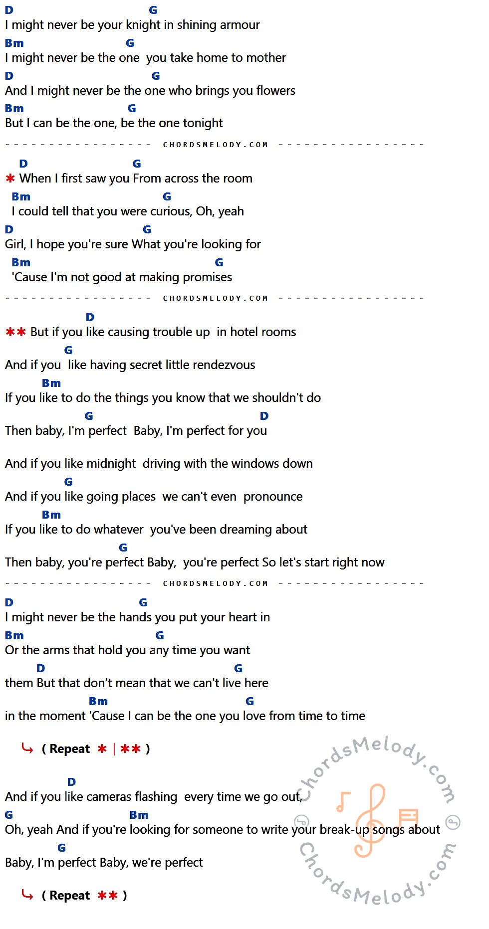 เนื้อเพลง Perfect ของ ONE DIRECTION ที่มีคอร์ด ในกลุ่มคีย์ D,G,Bm ประกอบ
