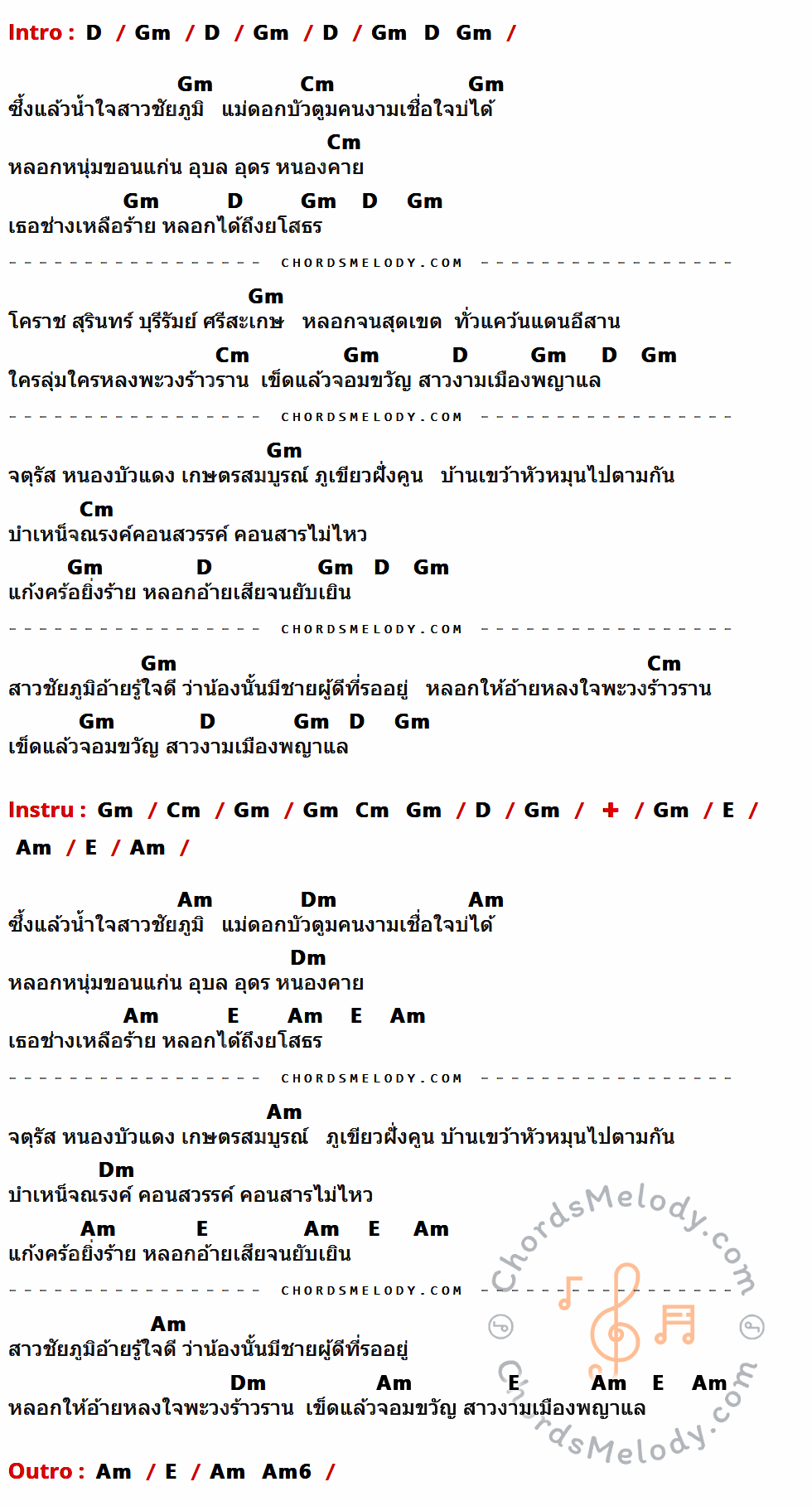 เนื้อเพลง สาวชัยภูมิ ของ ประทีป ขจัดพาล ที่มีคอร์ด ในกลุ่มคีย์ D,Gm,Cm,E,Am,Dm,Am6 ประกอบ