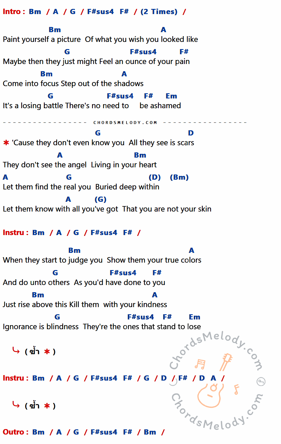 เนื้อเพลง Skin ของ Sixx AM ที่มีคอร์ด ในกลุ่มคีย์ Bm,A,G,F#sus4,F#,Em,D ประกอบ