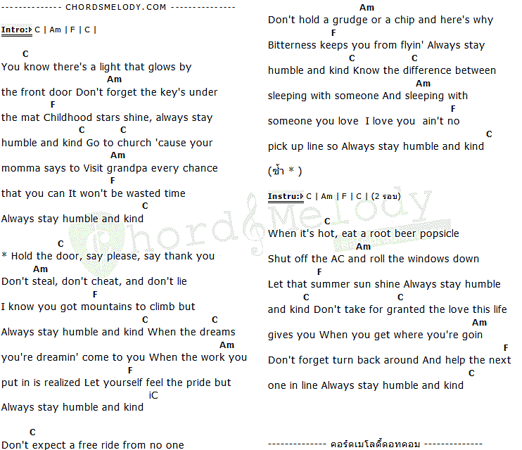คอร์ดเพลง เนื้อเพลง Humble And Kind, คอร์ดเพลง Humble And Kind ของ Tim McGraw, คอร์ดเพลงของ Tim McGraw, เนื้อร้อง Humble And Kind Tim McGraw, Humble And Kind คอร์ดง่าย ๆ, คอร์ด Humble And Kind ต้นฉบับ