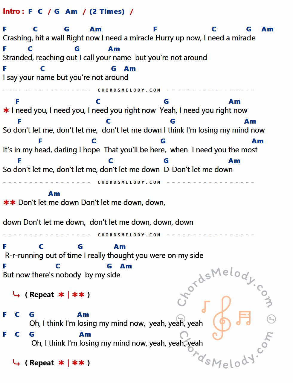 เนื้อเพลง Don't Let Me Down ของ The Chainsmokers ที่มีคอร์ดกีต้าร์ F,C,G,Am