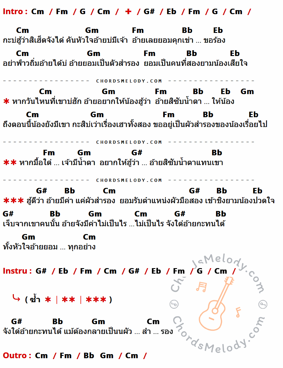 เนื้อเพลง ผัวสำรอง ของ ไหมไทย หัวใจศิลป์ ที่มีคอร์ด ในกลุ่มคีย์ Cm,Fm,G,G#,Eb,Gm,Bb ประกอบ