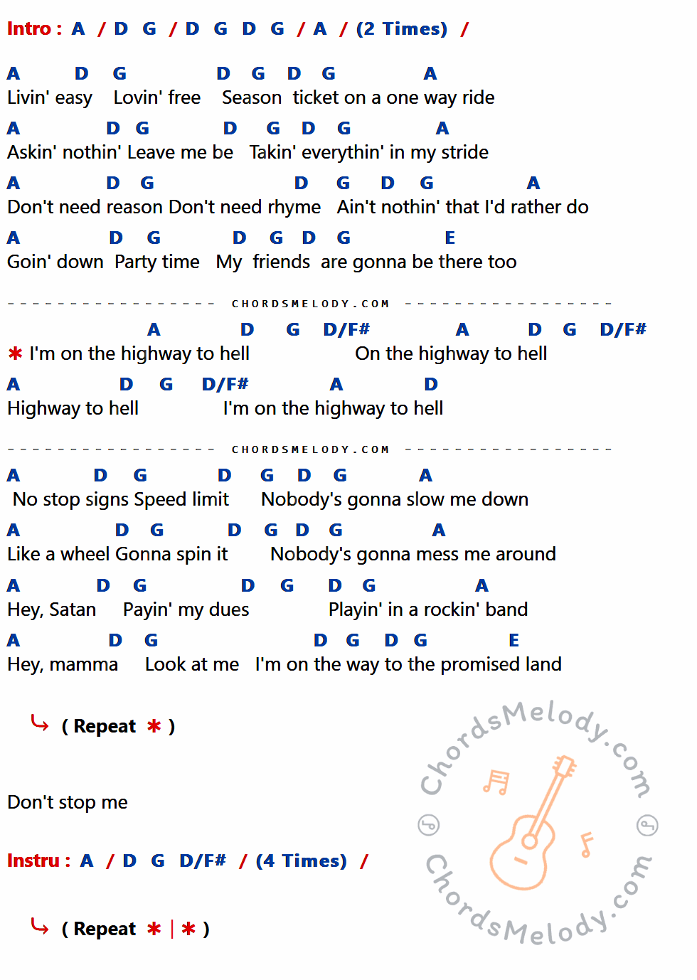 เนื้อเพลง Highway to Hell ของ AC/DC ที่มีคอร์ด ในกลุ่มคีย์ A,D,G,E,D/F# ประกอบ