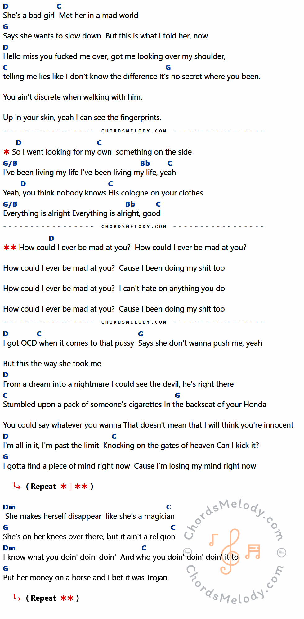 เนื้อเพลง Mad At You ของ 3OH!3 ที่มีคอร์ด ในกลุ่มคีย์ D,C,G,G/B,Bb,Dm ประกอบ