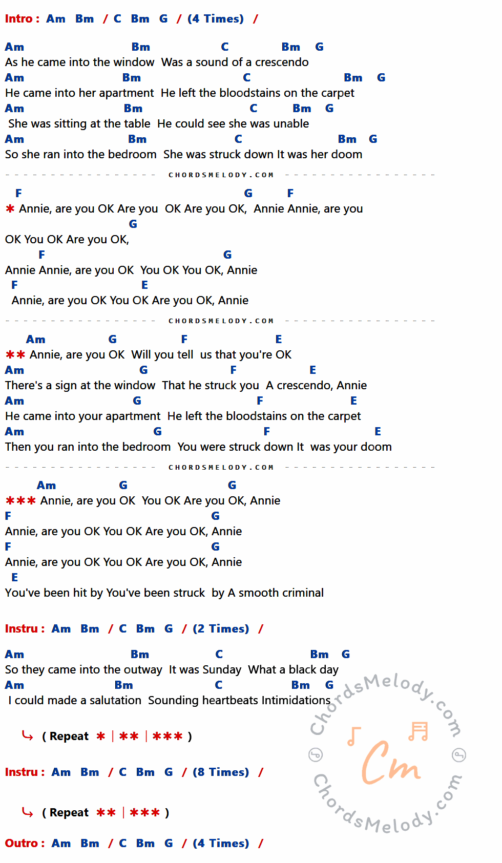 เนื้อเพลง Smooth Criminal ของ MICHAEL JACKSON ที่มีคอร์ด ในกลุ่มคีย์ Am,Bm,C,G,F,E ประกอบ