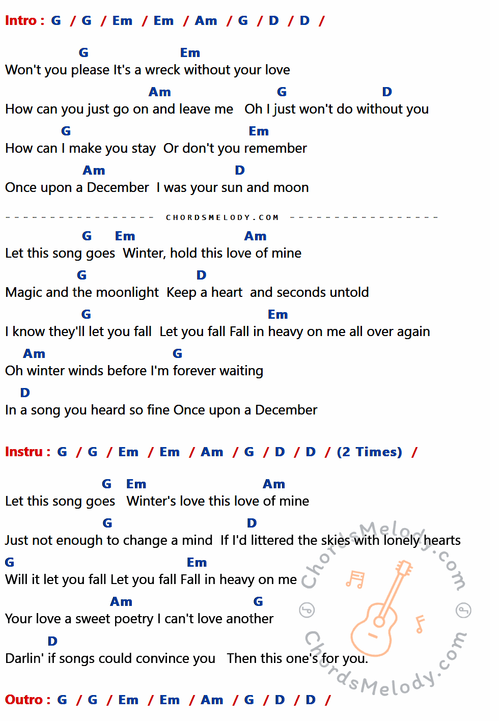 เนื้อเพลง Winter s Love ของ My Life As Ali Thomas ที่มีคอร์ด ในกลุ่มคีย์ G,Em,Am,D ประกอบ