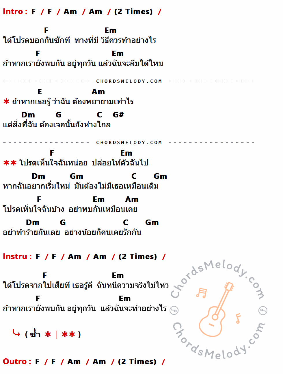 คอร์ดเพลง ปล่อยให้ตัวฉันไป - Polycat เนื้อร้อง มีคอร์ดกีต้าร์ ในกลุ่มคีย์ F,Am,Em,E,Dm,G,C,G#,Gm กำกับ