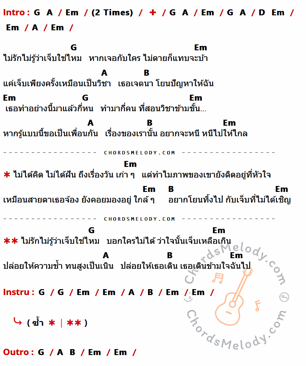 คอร์ดเพลง เจ็บที่ไมได้เชิญ - คริสตี้ กิ๊บสัน เนื้อร้อง มีคอร์ดกีต้าร์ ในกลุ่มคีย์ Em,A,G,B กำกับ