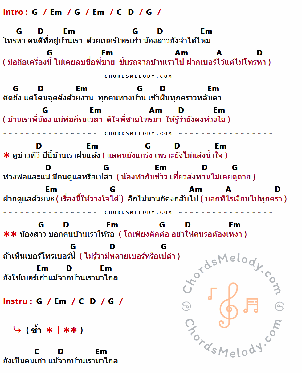 คอร์ดเพลง คนไกลเบอร์เก่า - พลพล Feat. ต่าย อรทัย เนื้อร้อง มีคอร์ดกีต้าร์ ในกลุ่มคีย์ G,Em,C,D,Am,A กำกับ