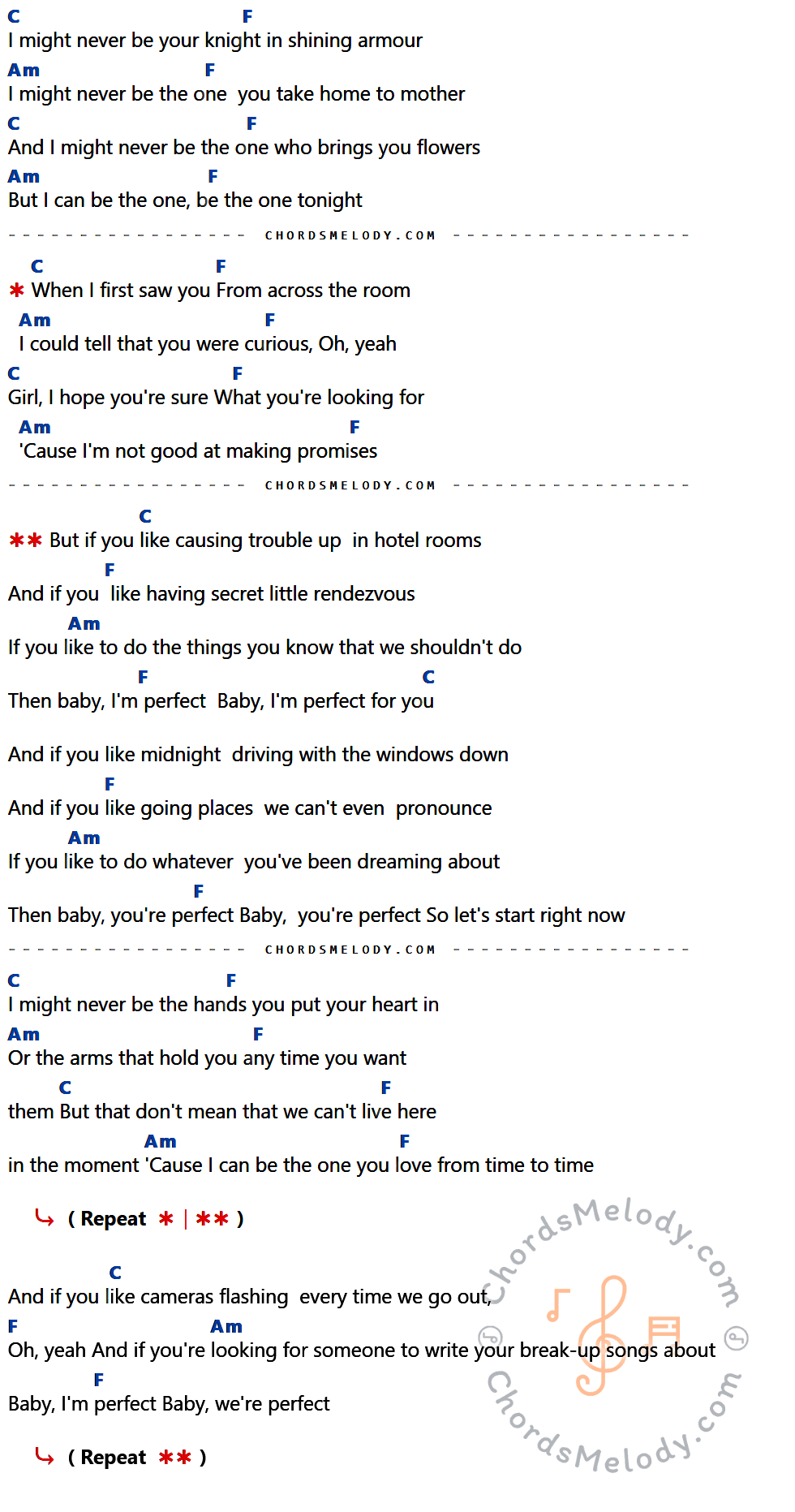 คอร์ดเพลง Perfect - ONE DIRECTION เนื้อร้อง มีคอร์ดกีต้าร์ ในกลุ่มคีย์ C,F,Am กำกับ