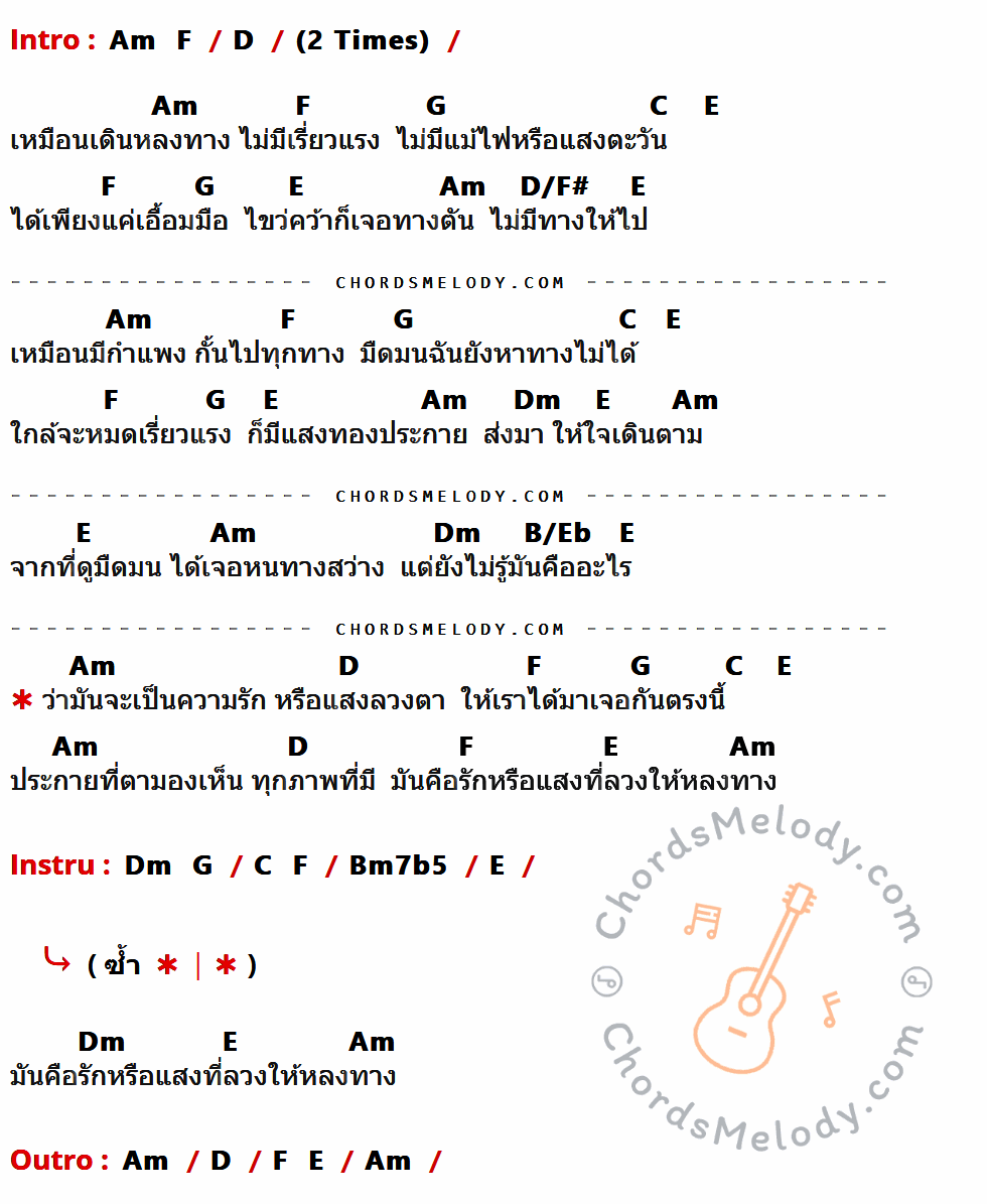 คอร์ดเพลง หลงทาง - แก้วกาญจน์ ชื่นเป็นนิจ เนื้อร้อง มีคอร์ดกีต้าร์ ในกลุ่มคีย์ Am,F,D,G,C,E,D/F#,Dm,B/Eb,Bm7b5 กำกับ