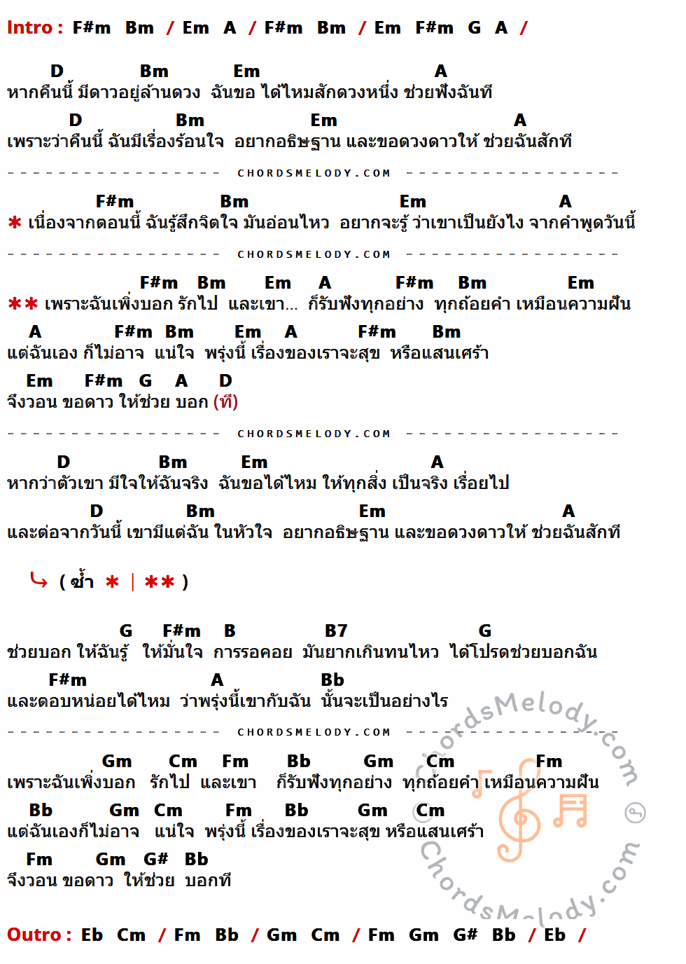 เนื้อเพลง ดาว ของ คริสติน มีคอร์ดกีต้าร์ ในคีย์ที่ต่างกัน Em,Am,Dm,G,F,C,A,A7,G#,Fm,Bbm,Ebm,F#,C#