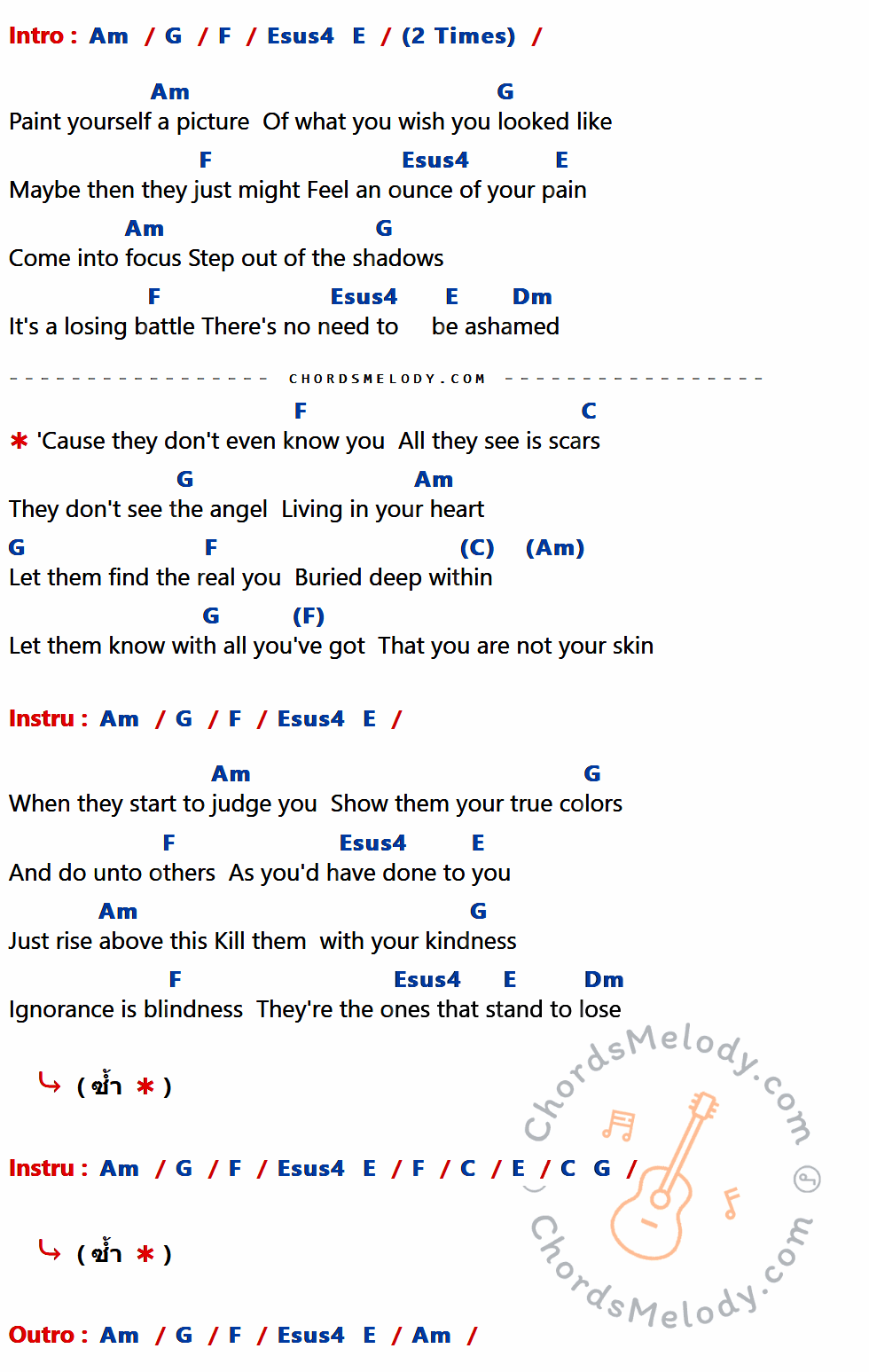 คอร์ดเพลง Skin - Sixx AM เนื้อร้อง มีคอร์ดกีต้าร์ ในกลุ่มคีย์ Am,G,F,Esus4,E,Dm,C กำกับ