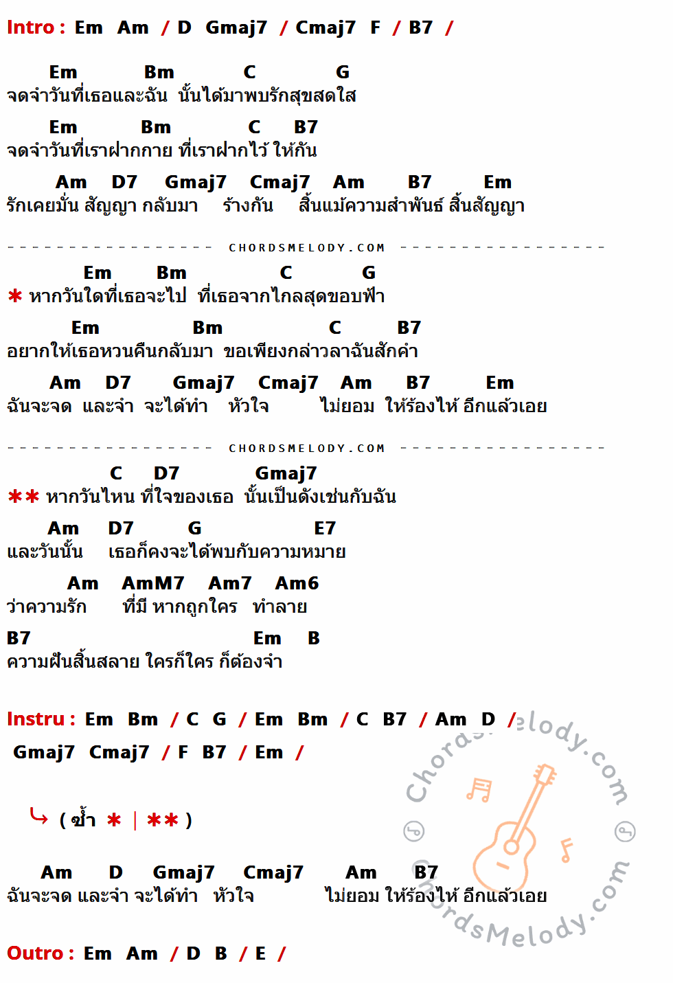 คอร์ดเพลง เจ็บแล้วจำ - คีรีบูน เนื้อร้อง มีคอร์ดกีต้าร์ ในกลุ่มคีย์ Em,Am,D,Gmaj7,Cmaj7,F,B7,Bm,C,G,D7,E7,AmM7,Am7,Am6,B,E กำกับ