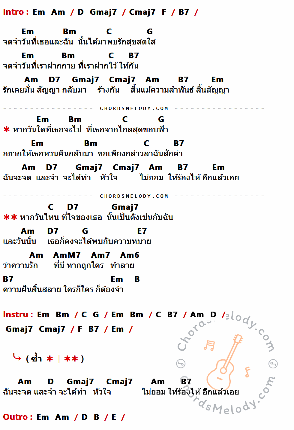 เนื้อเพลง เจ็บแล้วจำ ของ คีรีบูน มีคอร์ดกีต้าร์ ในคีย์ที่ต่างกัน Em,Am,D,Gmaj7,Cmaj7,F,B7,Bm,C,G,D7,E7,AmM7,Am7,Am6,B,E