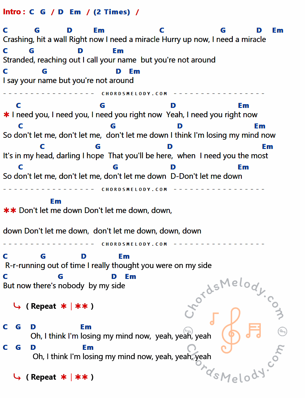 คอร์ดเพลง Don't Let Me Down - The Chainsmokers เนื้อร้อง มีคอร์ดกีต้าร์ ในกลุ่มคีย์ C,G,D,Em กำกับ
