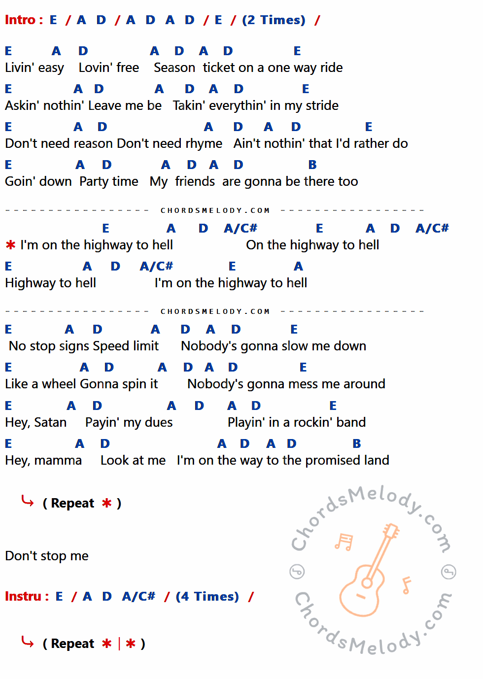 คอร์ดเพลง Highway to Hell - AC/DC เนื้อร้อง มีคอร์ดกีต้าร์ ในกลุ่มคีย์ E,A,D,B,A/C# กำกับ
