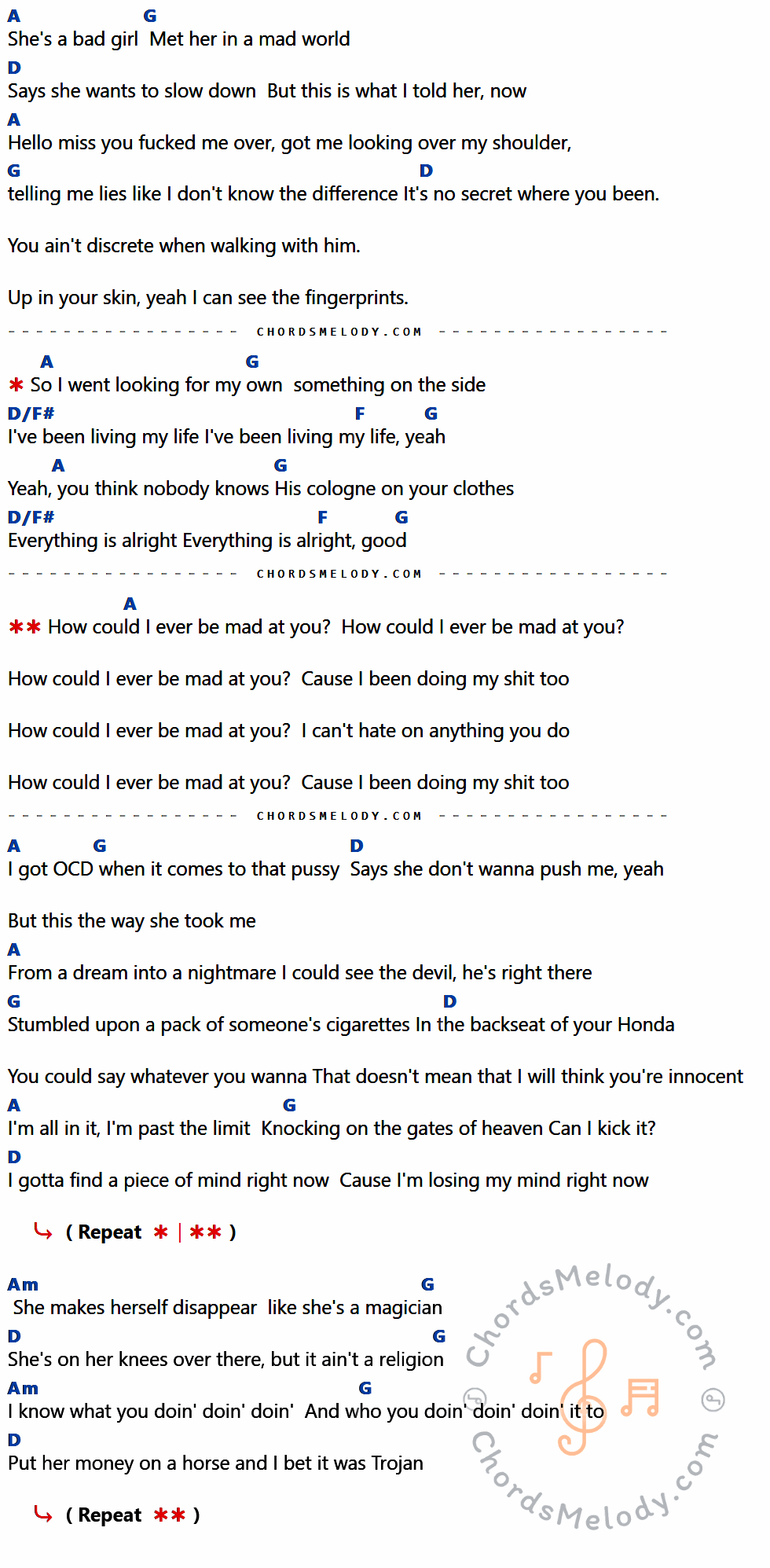 คอร์ดเพลง Mad At You - 3OH!3 เนื้อร้อง มีคอร์ดกีต้าร์ ในกลุ่มคีย์ A,G,D,D/F#,F,Am กำกับ