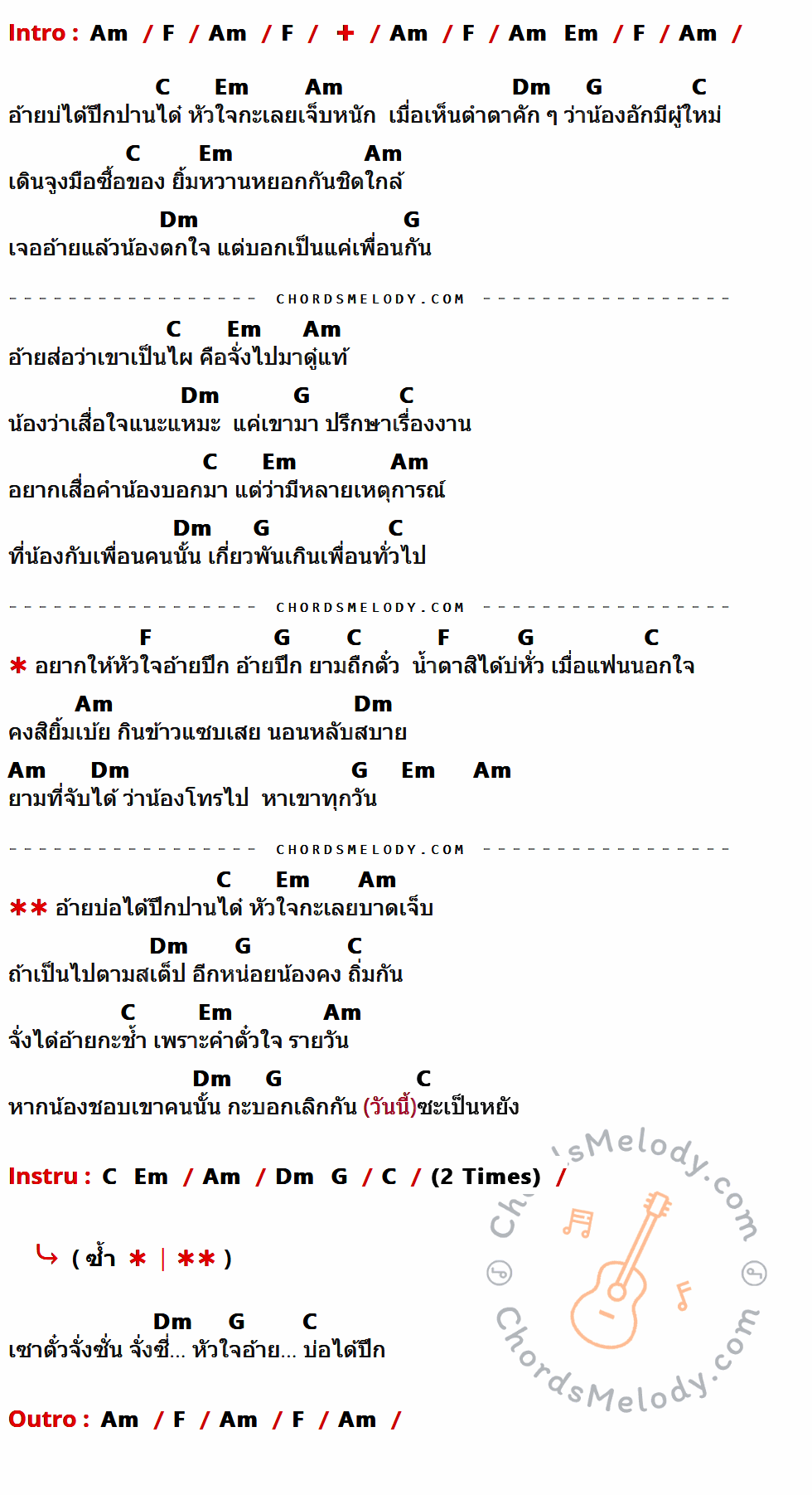 เนื้อเพลง เสียดายอ้ายบ่ปึก ของ ไอดิน อภินันท์ มีคอร์ดกีต้าร์ ในคีย์ที่ต่างกัน Am,F,Em,C,Dm,G