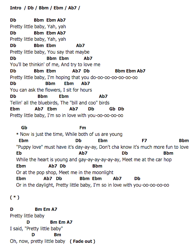 คอร์ดเพลง เนื้อเพลง Pretty Little Baby, คอร์ดเพลง Pretty Little Baby ของ Connie Francis, คอร์ดเพลงของ Connie Francis, เนื้อร้อง Pretty Little Baby Connie Francis, Pretty Little Baby คอร์ดง่าย ๆ, คอร์ด Pretty Little Baby ต้นฉบับ