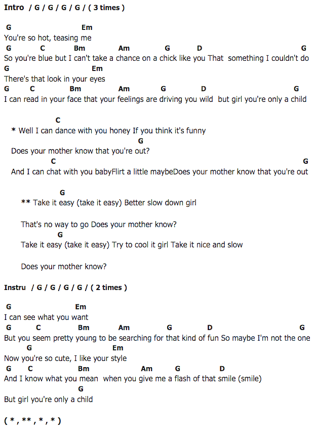 คอร์ดเพลง เนื้อเพลง Does Your Mother Know, คอร์ดเพลง Does Your Mother Know ของ ABBA, คอร์ดเพลงของ ABBA, เนื้อร้อง Does Your Mother Know ABBA, Does Your Mother Know คอร์ดง่าย ๆ, คอร์ด Does Your Mother Know ต้นฉบับ