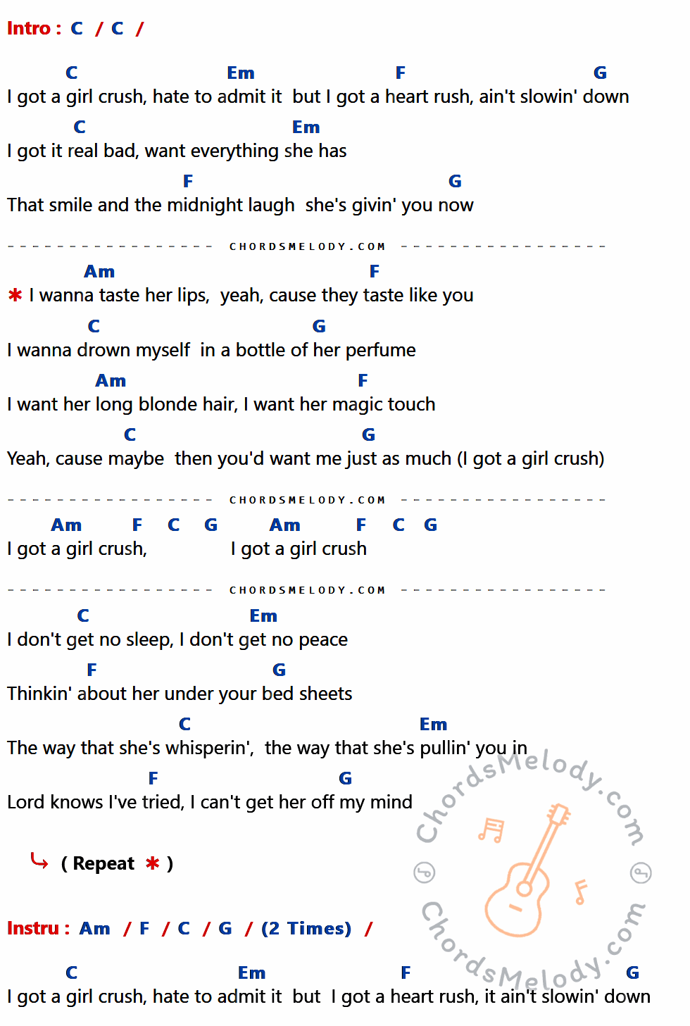 เนื้อเพลง Girl Crush ของ Little Big Town ที่มีคอร์ด ในกลุ่มคีย์ C,Em,F,G,Am ประกอบ