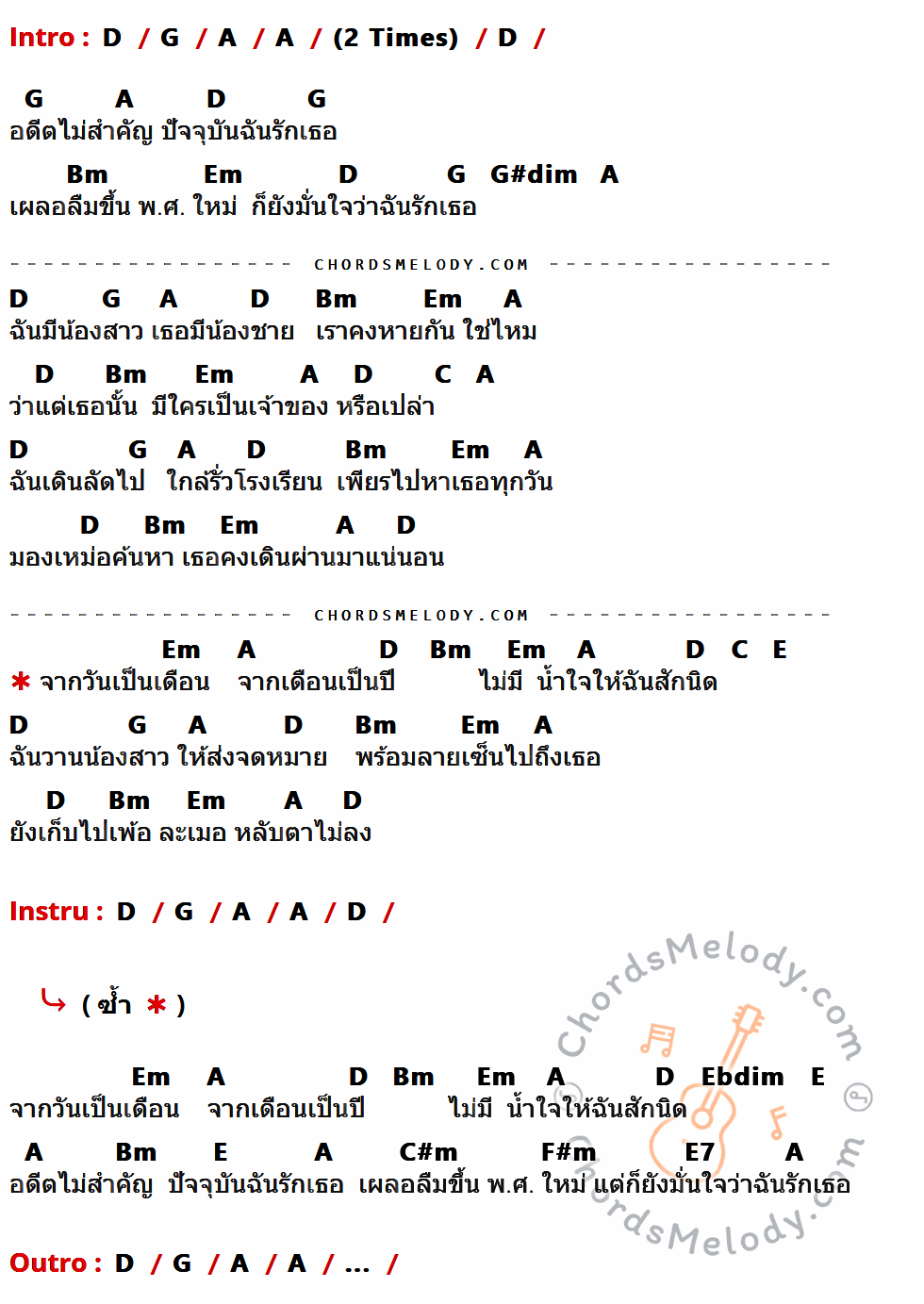 เนื้อเพลง ปัจจุบันฉันรักเธอ ของ วงชาตรี ที่มีคอร์ดกีต้าร์ D,G,A,Bm,Em,G#dim,C,E,Ebdim,C#m,F#m,E7