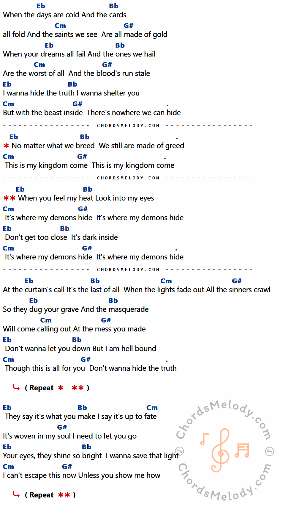 เนื้อเพลง Demons ของ Imagine Dragons ที่มีคอร์ด ในกลุ่มคีย์ Eb,Bb,Cm,G# ประกอบ