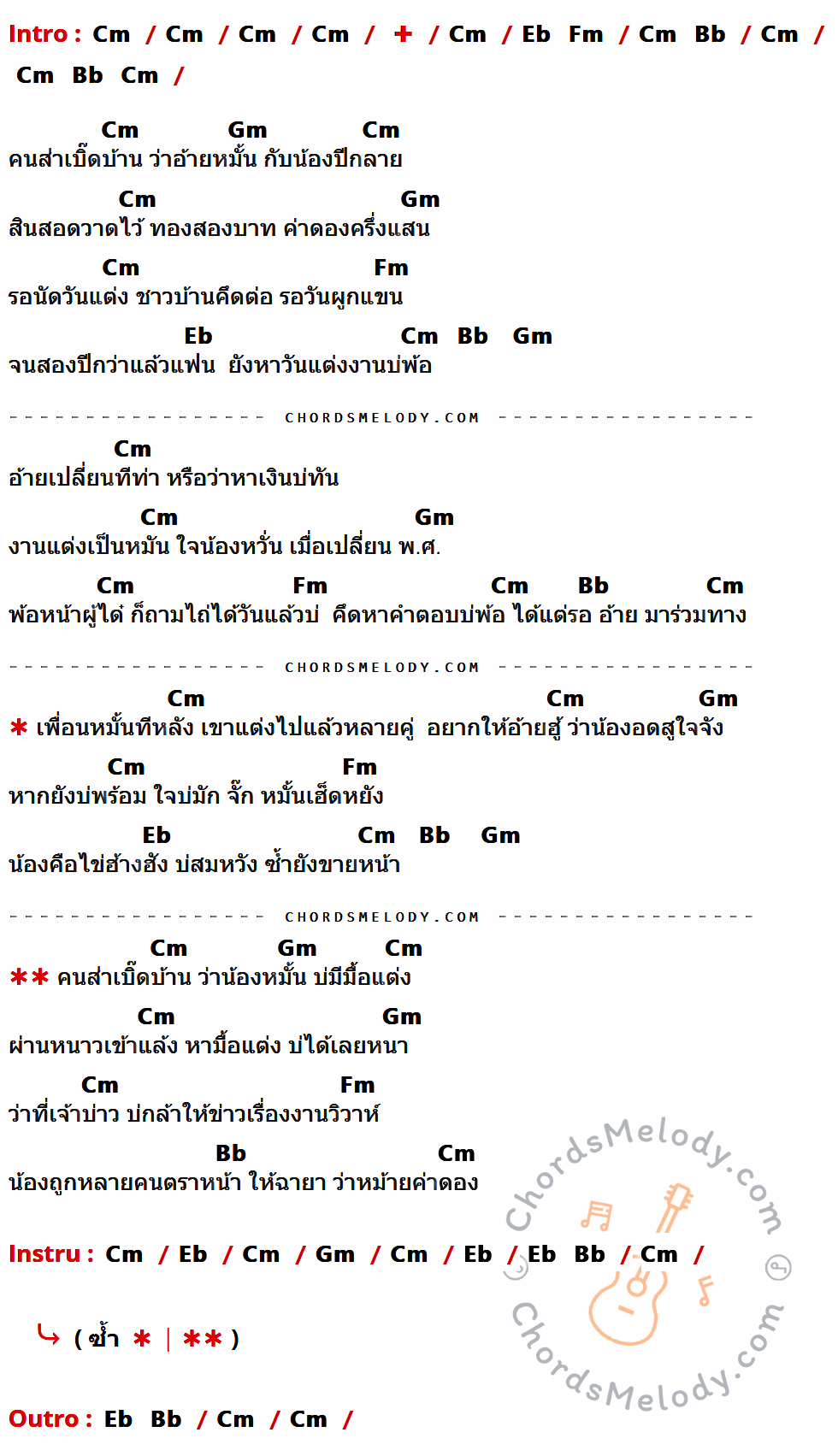 เนื้อเพลง หมั้นไม่มีมื้อแต่ง ของ เอม อภัสรา ที่มีคอร์ด ในกลุ่มคีย์ Cm,Eb,Fm,Bb,Gm ประกอบ
