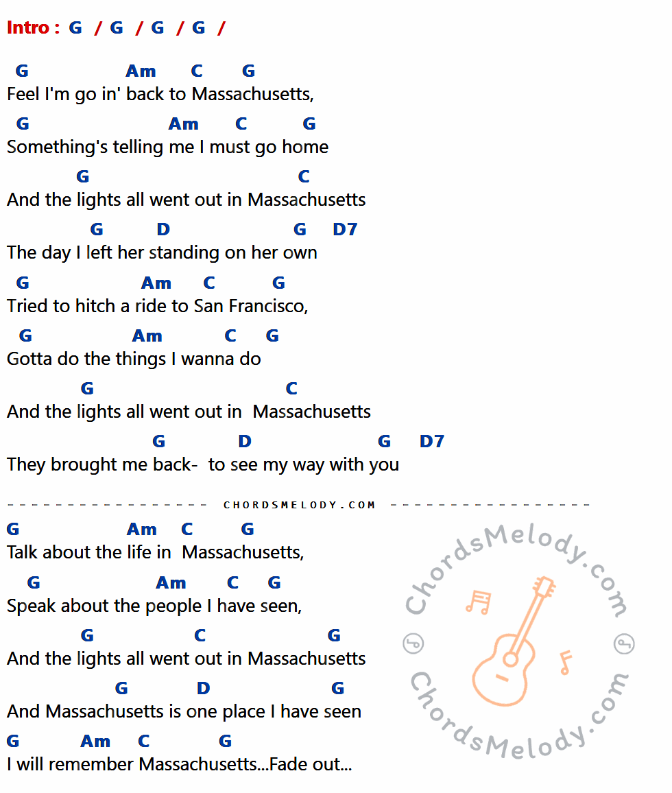 เนื้อเพลง Massachusettsa ของ Bee Gees ที่มีคอร์ดกีต้าร์ G,Am,C,D,D7