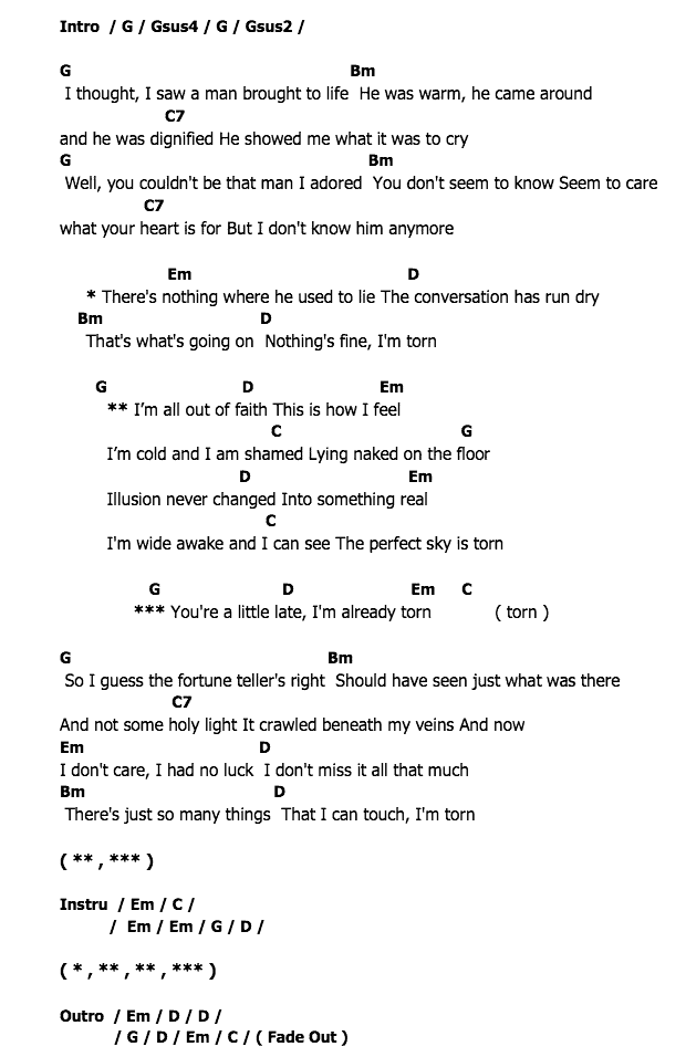 คอร์ดเพลง เนื้อเพลง Torn, คอร์ดเพลง Torn ของ Natalie Imbruglia, คอร์ดเพลงของ Natalie Imbruglia, เนื้อร้อง Torn Natalie Imbruglia, Torn คอร์ดง่าย ๆ, คอร์ด Torn ต้นฉบับ