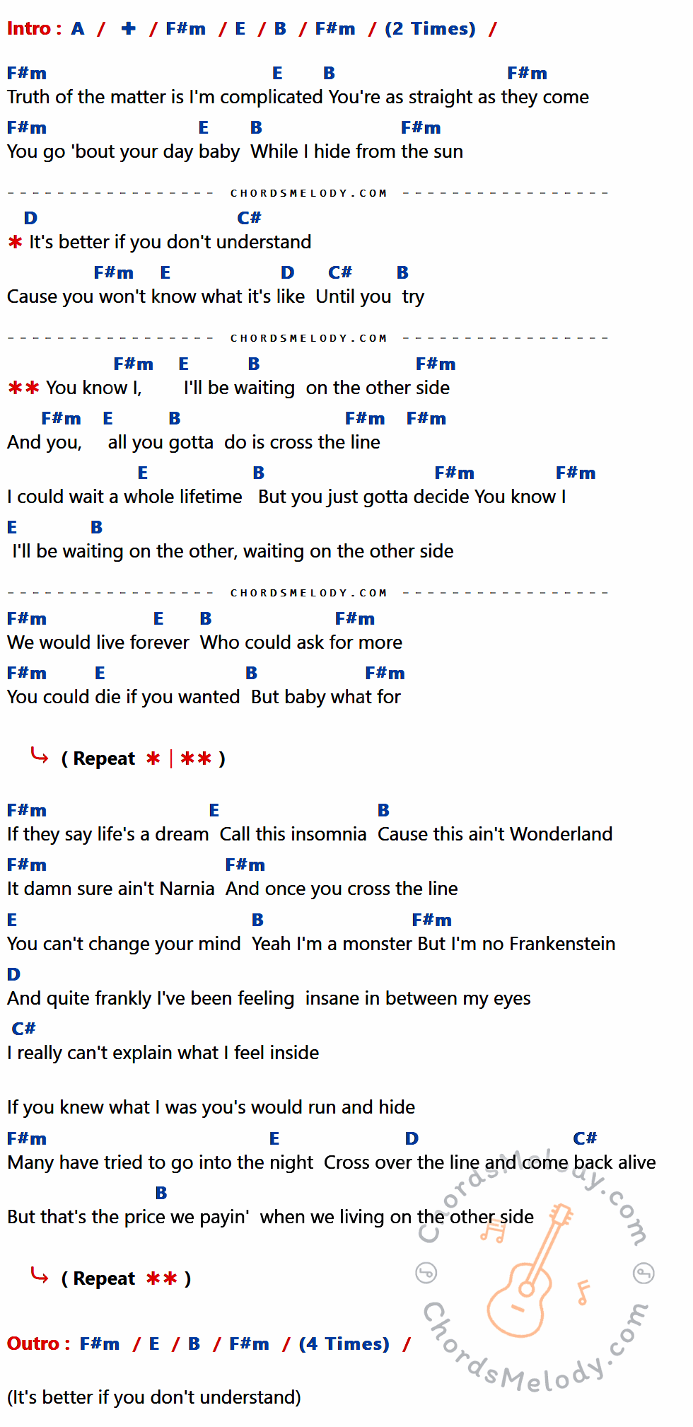 เนื้อเพลง The Other Side ของ Bruno Mars ที่มีคอร์ด ในกลุ่มคีย์ A,F#m,E,B,D,C# ประกอบ