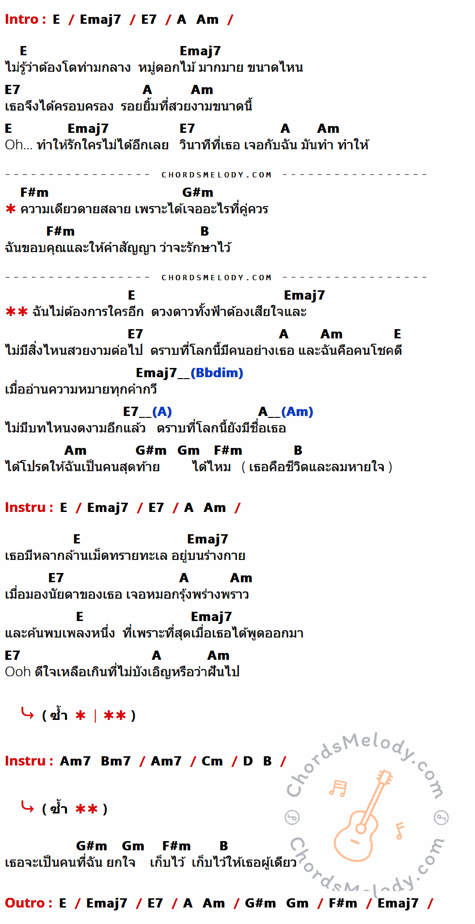 เนื้อเพลง เวลาเธอยิ้ม ของ Polycat ที่มีคอร์ด ในกลุ่มคีย์ E,Emaj7,E7,A,Am,F#m,G#m,B,Gm,Am7,Bm7,Cm,D ประกอบ