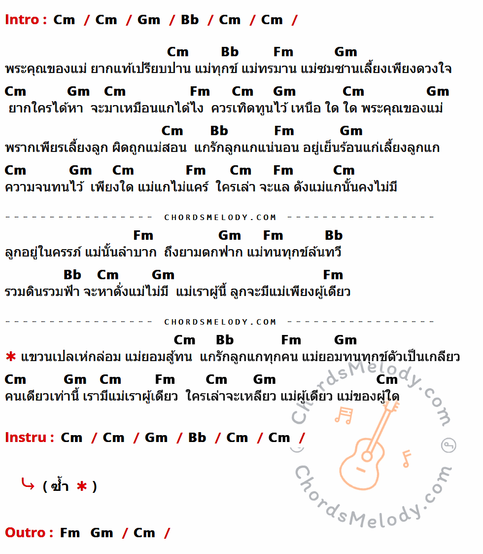 เนื้อเพลง แม่ของใคร ของ พรศักดิ์ ส่องแสง ที่มีคอร์ดกีต้าร์ Cm,Gm,Bb,Fm