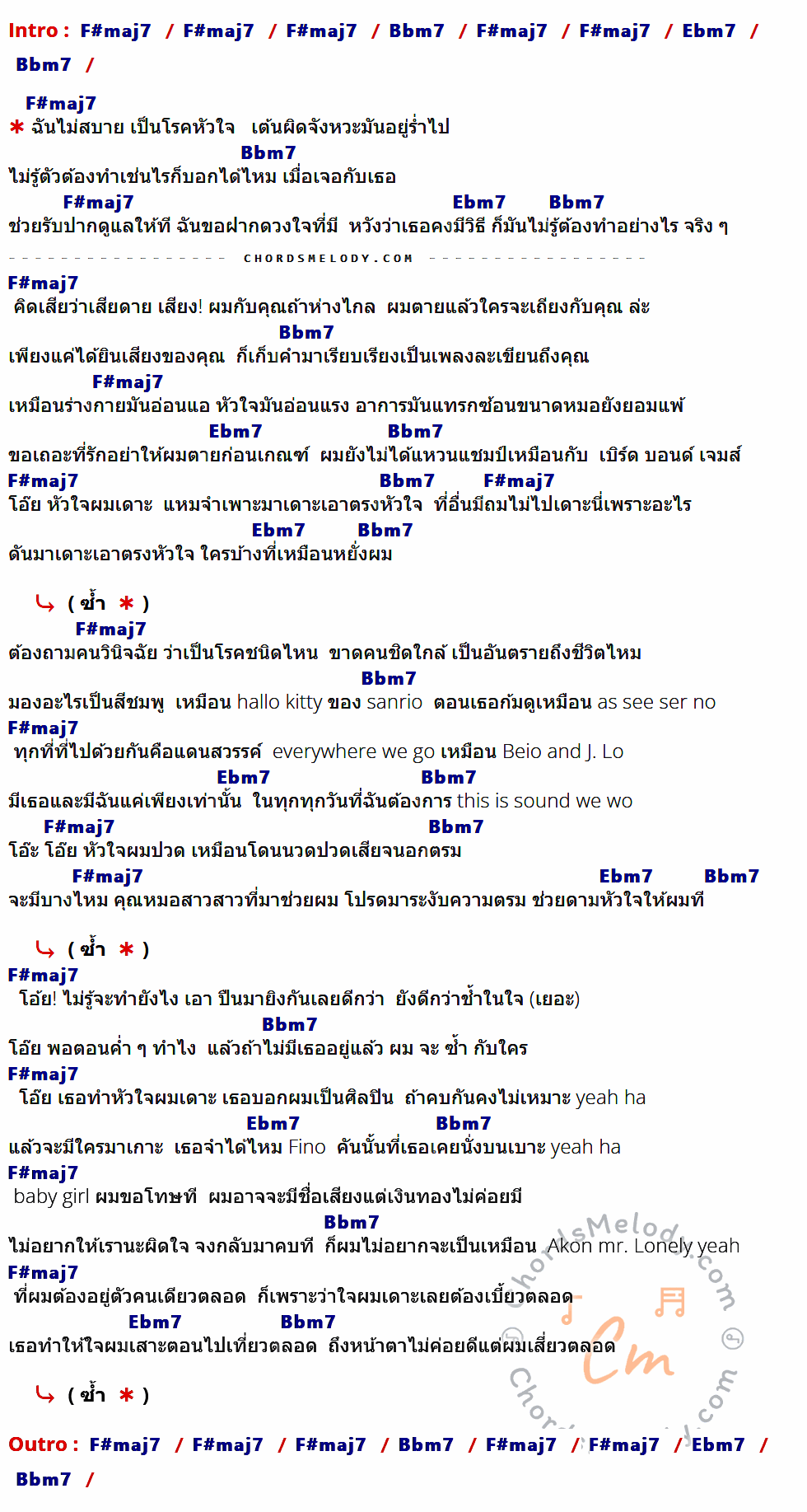เนื้อเพลง หัวใจผมเดาะ ของ ILLSLICK ที่มีคอร์ด ในกลุ่มคีย์ F#maj7,Bbm7,Ebm7 ประกอบ