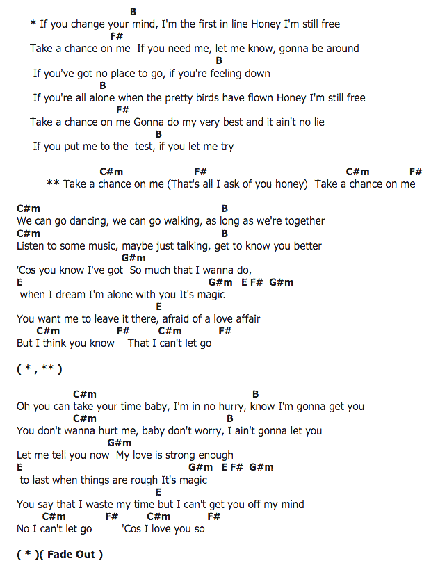 คอร์ดเพลง เนื้อเพลง Take A Chance On Me, คอร์ดเพลง Take A Chance On Me ของ ABBA, คอร์ดเพลงของ ABBA, เนื้อร้อง Take A Chance On Me ABBA, Take A Chance On Me คอร์ดง่าย ๆ, คอร์ด Take A Chance On Me ต้นฉบับ