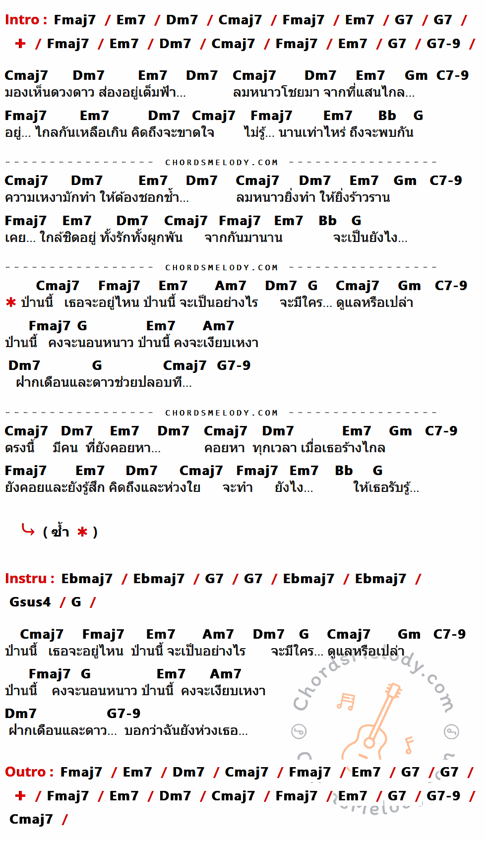 เนื้อเพลง ป่านนี้ ของ Calories Blah Blah ที่มีคอร์ด ในกลุ่มคีย์ Fmaj7,Em7,Dm7,Cmaj7,G7,G7-9,Gm,C7-9,Bb,G,Am7,Ebmaj7,Gsus4 ประกอบ