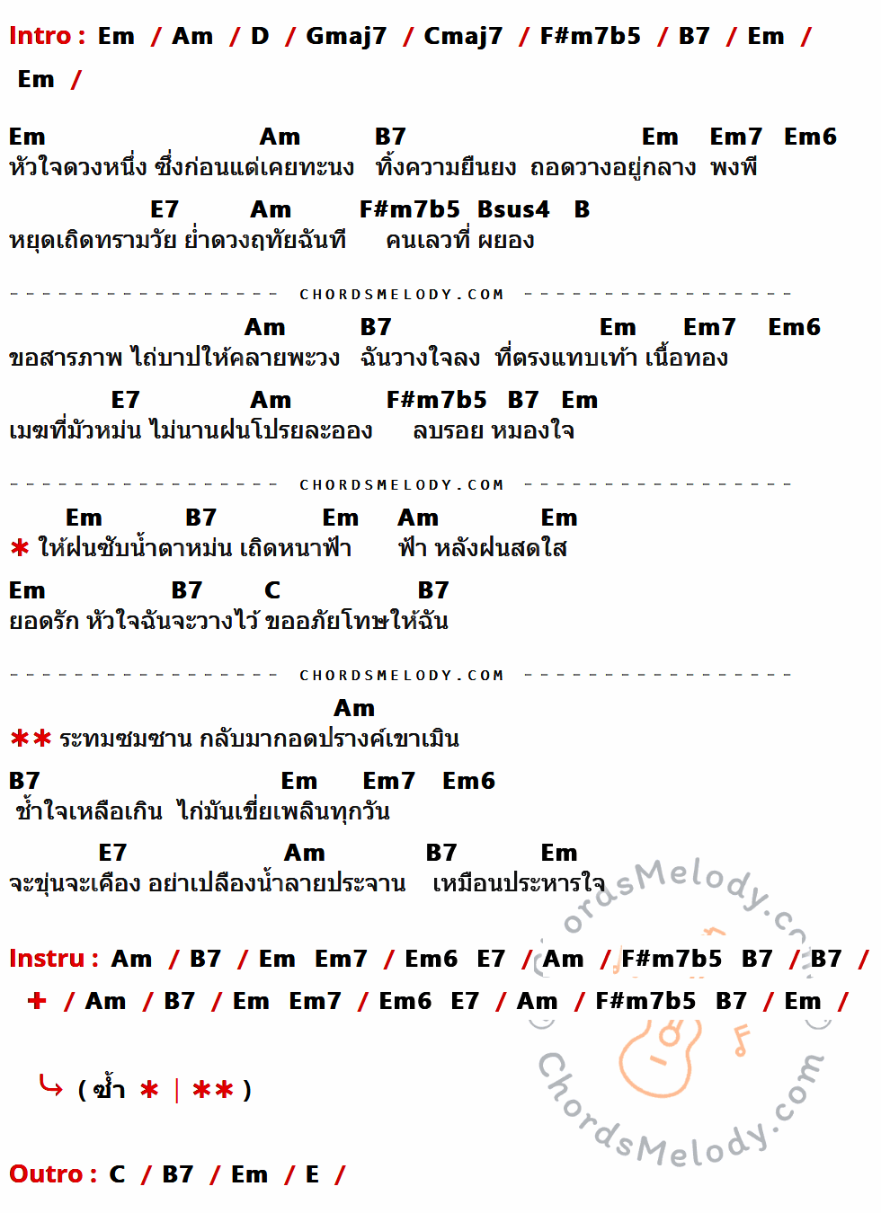 เนื้อเพลง หัวใจที่ถอดวาง ของ Grand Ex ที่มีคอร์ด ในกลุ่มคีย์ Em,Am,D,Gmaj7,Cmaj7,F#m7b5,B7,Em7,Em6,E7,Bsus4,B,C,E ประกอบ