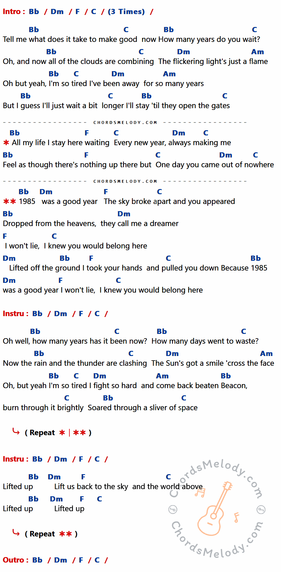 เนื้อเพลง Lift Up (1985) ของ Passion Pit ที่มีคอร์ดกีต้าร์ Bb,Dm,F,C,Am