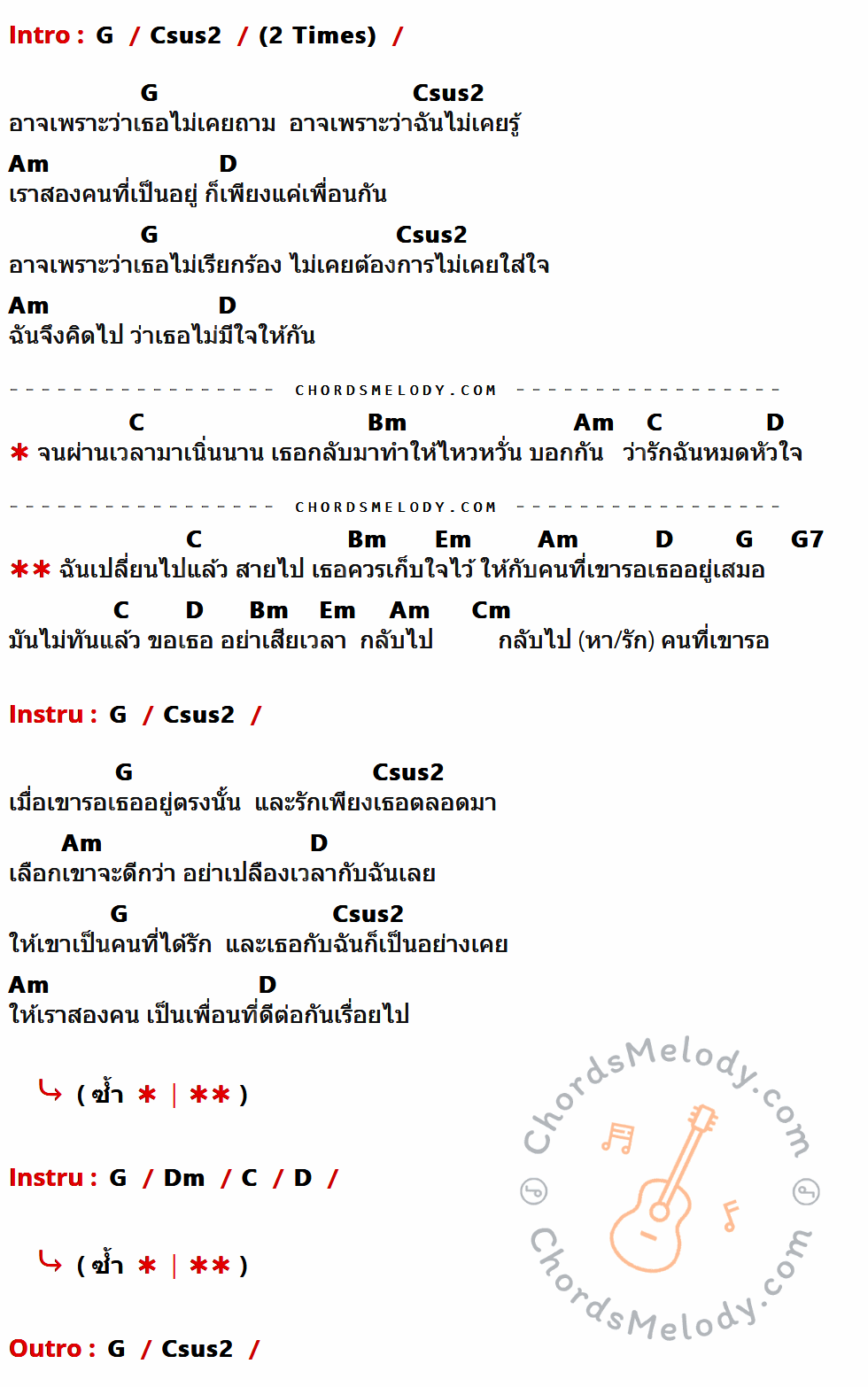 เนื้อเพลง ไม่เคยถาม ของ Boy Peacemaker ที่มีคอร์ดกีต้าร์ G,Csus2,Am,D,C,Bm,Em,G7,Cm,Dm