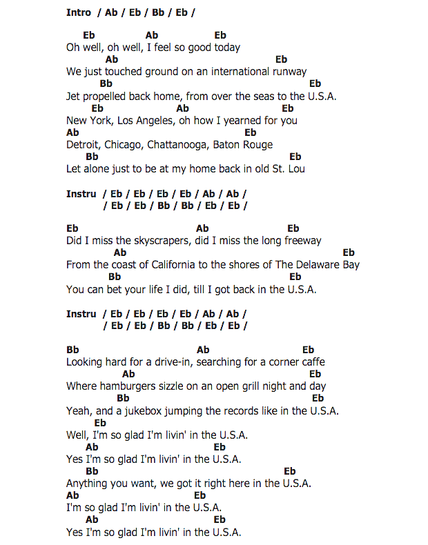 คอร์ดเพลง เนื้อเพลง Back In The USA, คอร์ดเพลง Back In The USA ของ Chuck Berry, คอร์ดเพลงของ Chuck Berry, เนื้อร้อง Back In The USA Chuck Berry, Back In The USA คอร์ดง่าย ๆ, คอร์ด Back In The USA ต้นฉบับ