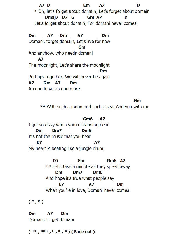 คอร์ดเพลง เนื้อเพลง Forget Domani, คอร์ดเพลง Forget Domani ของ Connie Francis, คอร์ดเพลงของ Connie Francis, เนื้อร้อง Forget Domani Connie Francis, Forget Domani คอร์ดง่าย ๆ, คอร์ด Forget Domani ต้นฉบับ