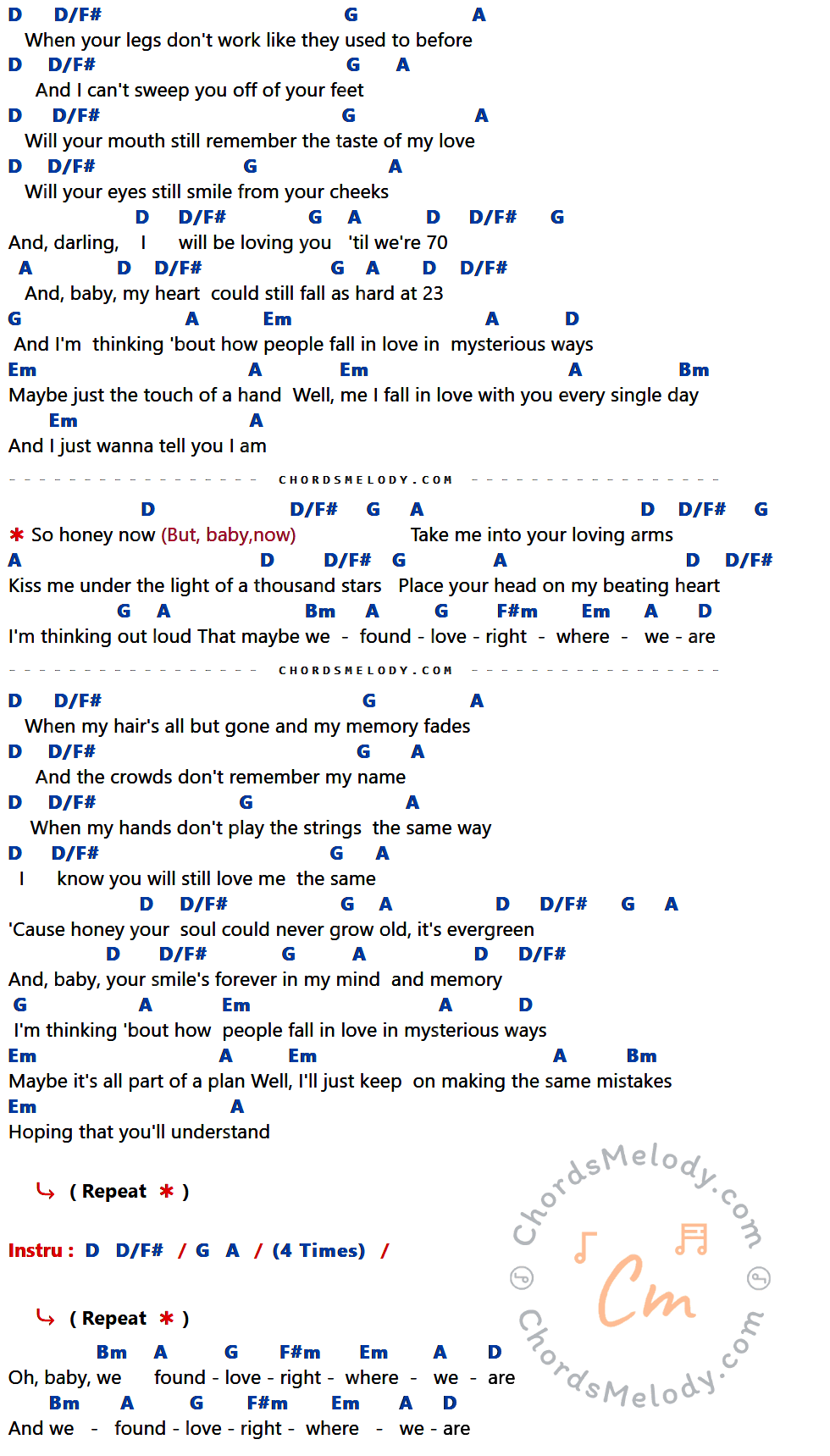 เนื้อเพลง Thinking Out Loud ของ Ed Sheeran ที่มีคอร์ดกีต้าร์ D,D/F#,G,A,Em,Bm,F#m