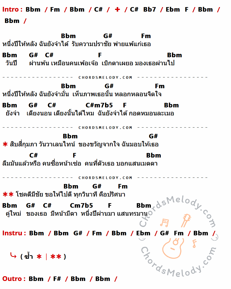 เนื้อเพลง หนึ่งปีที่ทรมาน ของ สายัณห์ สัญญา ที่มีคอร์ดกีต้าร์ Bbm,Fm,C#,Bb7,Ebm,F,G#,C#m7b5,Cm7b5,F#