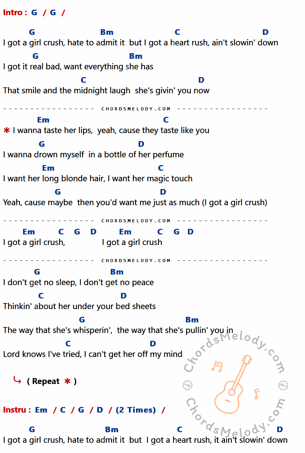 คอร์ดเพลง Girl Crush - Little Big Town เนื้อร้อง มีคอร์ดกีต้าร์ ในกลุ่มคีย์ G,Bm,C,D,Em กำกับ