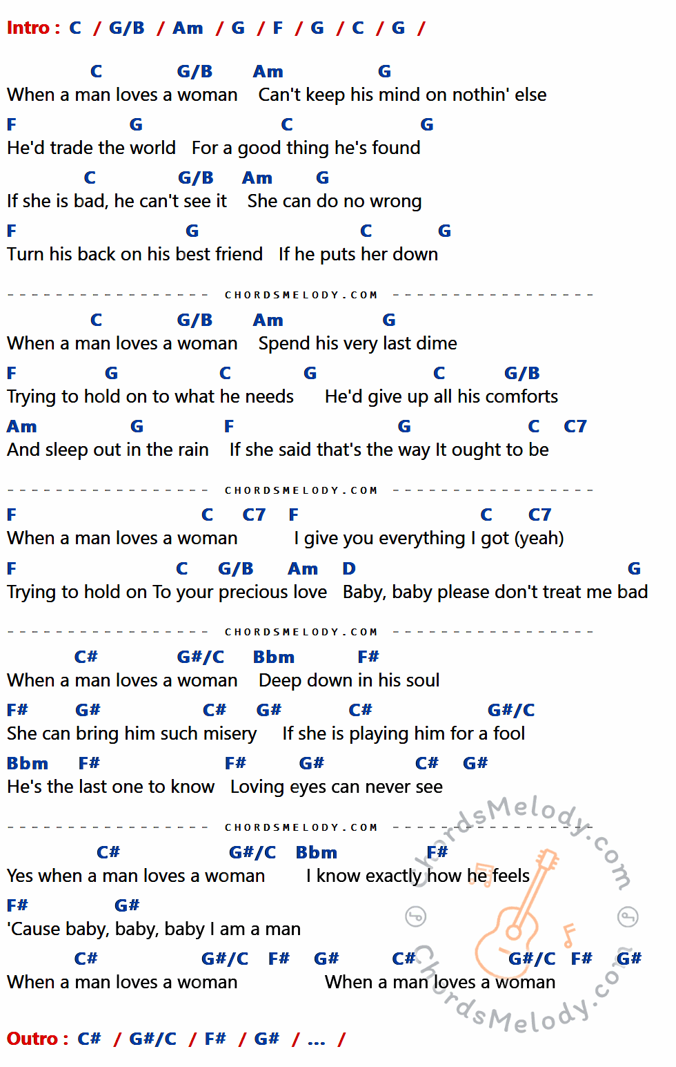 เนื้อเพลง When a man loves a woman ของ Michael Bolton มีคอร์ดกีต้าร์ ในคีย์ที่ต่างกัน C,G/B,Am,G,F,C7,D,C#,G#/C,Bbm,F#,G#