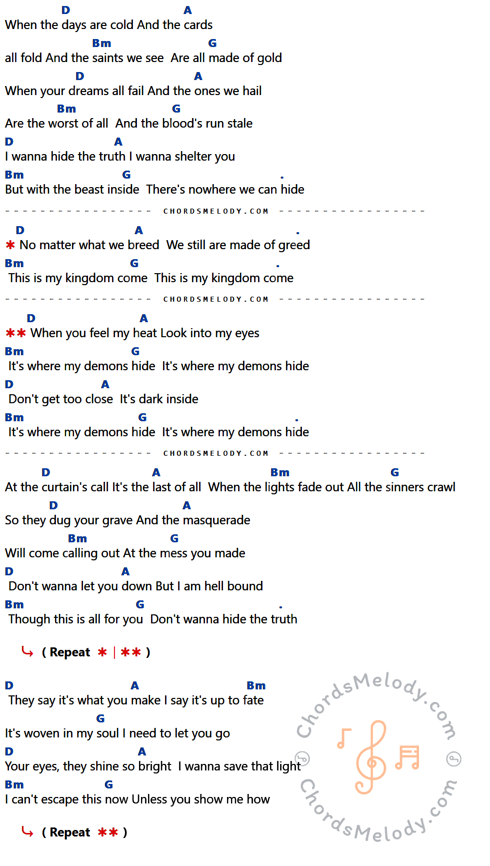 คอร์ดเพลง Demons - Imagine Dragons เนื้อร้อง มีคอร์ดกีต้าร์ ในกลุ่มคีย์ D,A,Bm,G กำกับ