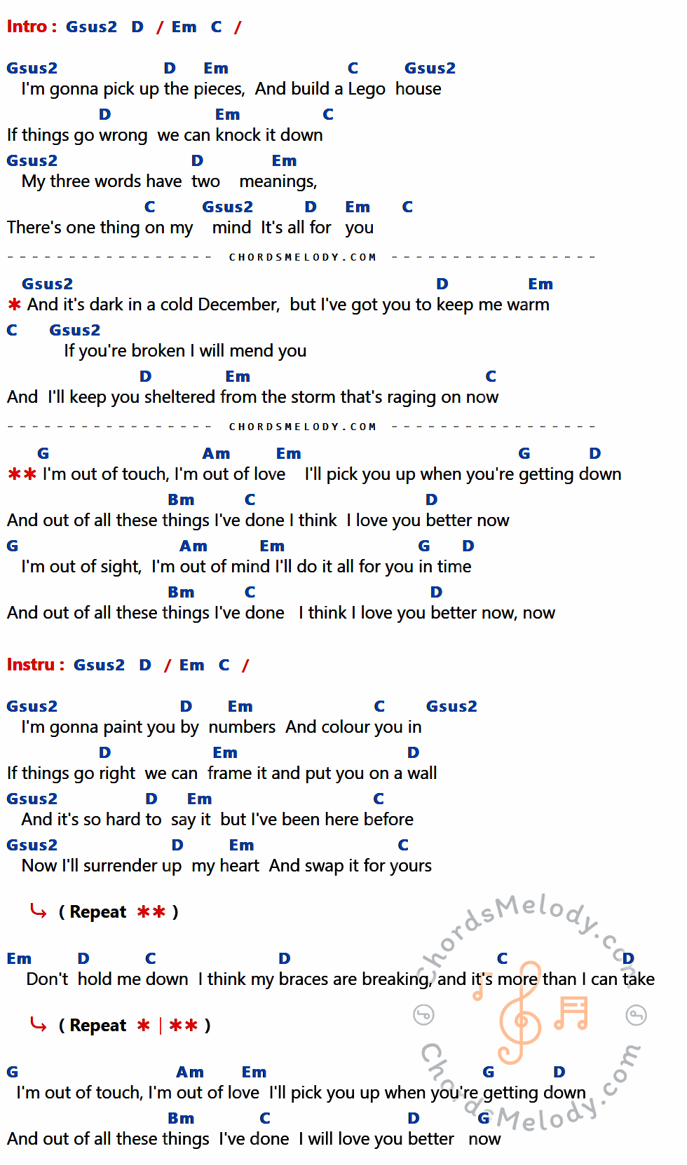 คอร์ดเพลง Lego House - Ed Sheeran เนื้อร้อง มีคอร์ดกีต้าร์ ในกลุ่มคีย์ Gsus2,D,Em,C,G,Am,Bm กำกับ
