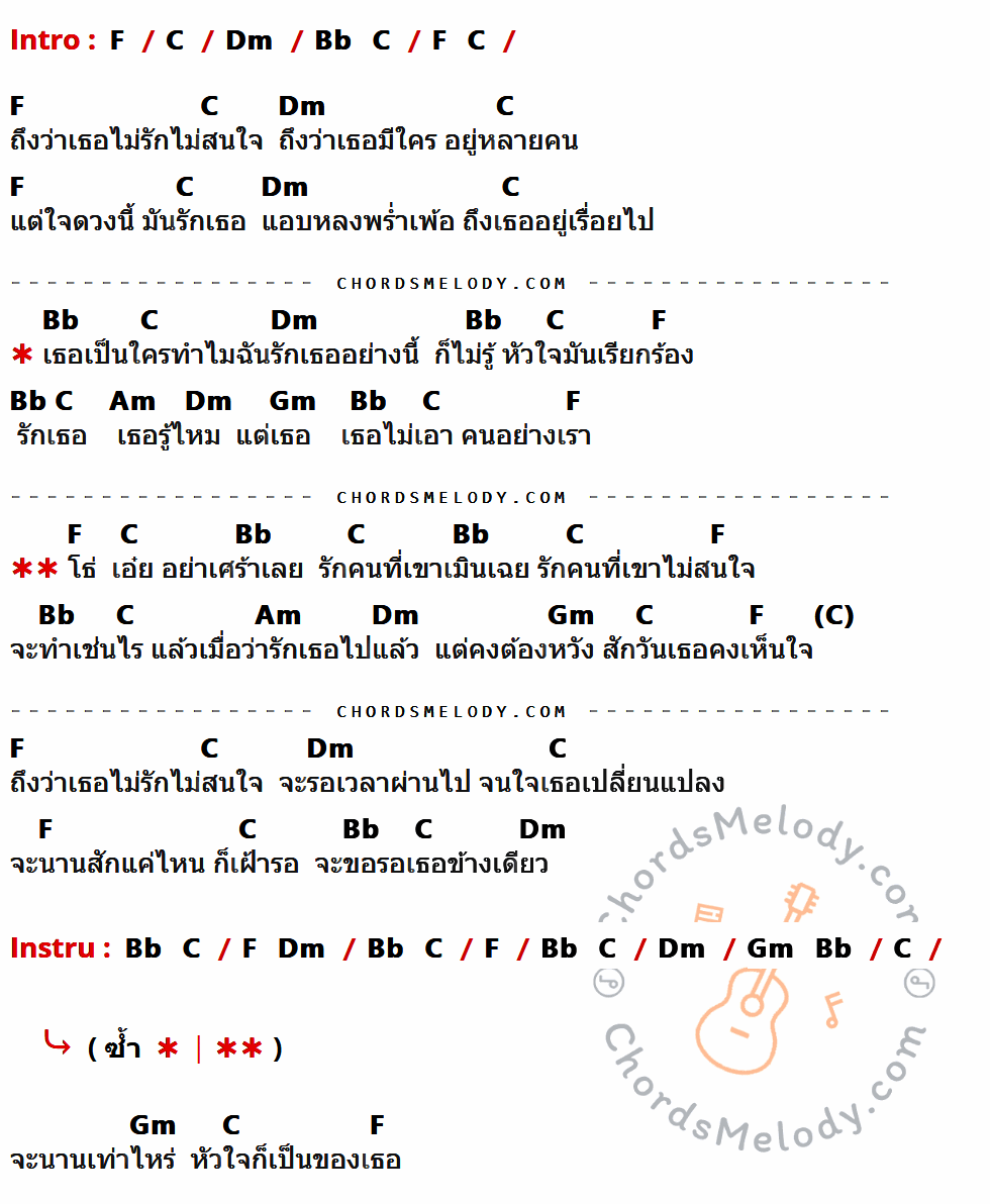 คอร์ดเพลง ข้างเดียว - วงลอง เนื้อร้อง มีคอร์ดกีต้าร์ ในกลุ่มคีย์ F,C,Dm,Bb,Am,Gm กำกับ