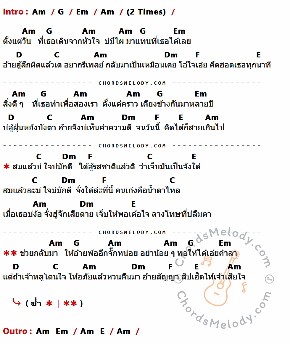 คอร์ดเพลง ใจบ่มักดี - ไหมไทย หัวใจศิลป์ เนื้อร้อง มีคอร์ดกีต้าร์ ในกลุ่มคีย์ Am,G,Em,D,C,Dm,F,E กำกับ